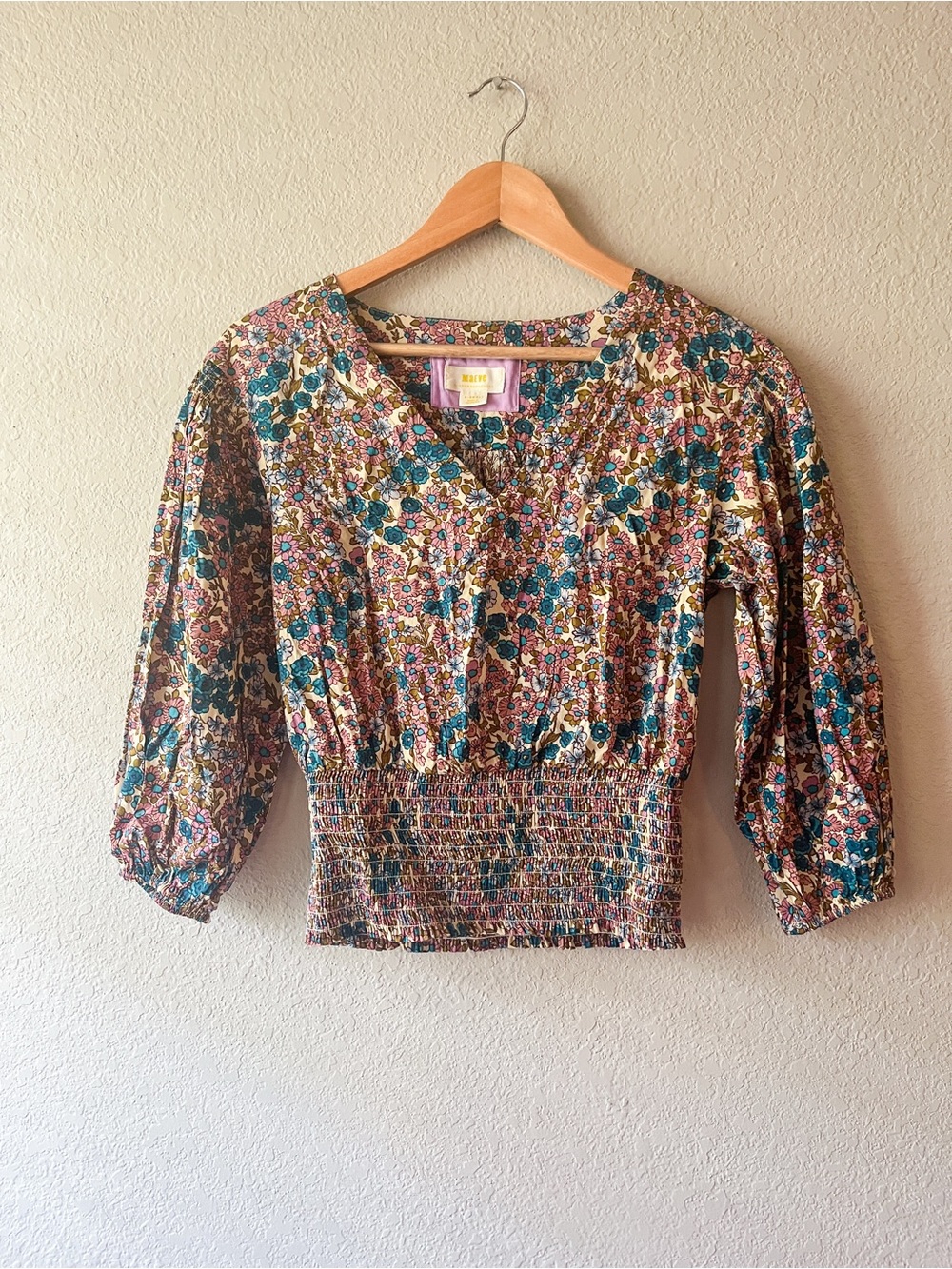 Anthropologie Maeve Odette Blouse Blue Floral V-Neck Smocked Waist Blouse XS